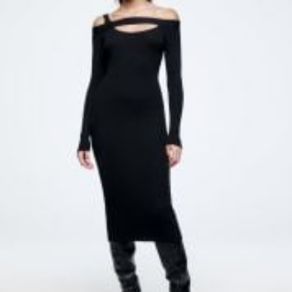 NWT Zara long sleeved knit asymmetrical cutout black midi dress